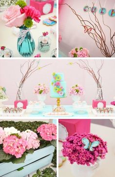 a collage of photos with pink flowers and blue vases filled with cake on top