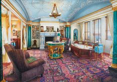 a painting of a living room with blue and gold walls, an ornate chandelier above the fireplace