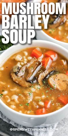 two white bowls filled with mushroom barley soup