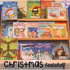 children's books are lined up on a book shelf with the title christmas bookshelf