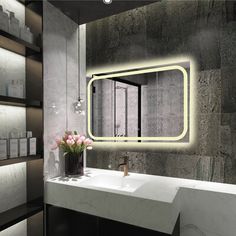 a bathroom with a sink, mirror and shelves