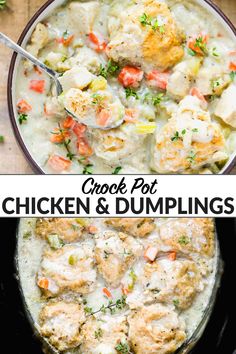 chicken and dumpling soup in a black bowl with the title overlay that reads, crock pot chicken and dumplings