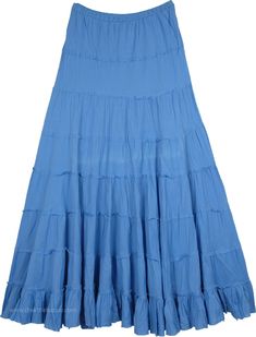 A cool everyday summer fun skirt in solid blue, ankle length, this skirt is divided into eight tiers with slight gathers on them.  The tiered layers have an unfinished hem and the skirt is lined up to the knee in cotton fabric as well. #tlb #XLPlus #Misses #TieredSkirt #Solid Long Blue Skirts, Blue Maxi Skirt, Midi Skirt Outfit, Tiered Skirts, Trendy Skirts, Blue Outfit, Summer Skirts, Blue Skirt, Tier Skirt