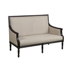 a black and white couch sitting on top of a wooden frame with beige upholstered fabric