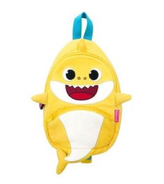 a yellow backpack with a shark face on it