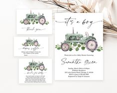 the farm tractor baby shower party is set up with matching cards and place settings for guests to use