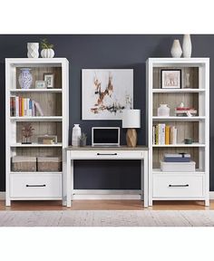 a white bookcase with drawers and a computer desk in front of the bookshelf