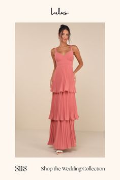 Get ready to have a maid of honor moment with the Lulus Luxe Perfection Rusty Rose Pleated Tiered Backless Maxi Dress! Lightweight woven chiffon shapes this darling dress that has a sleeveless bodice with a stunning open back. Bustier-inspired bodice has gathered, seamed cups and a set-in waist. Skirt has a tiered, pleated design that falls to a maxi hem. Hidden zipper/clasp at back. Fit: This garment fits true to size. Length: Floor length. Size medium measures 54" from shoulder to hem. Bust: G Rusty Rose, Backless Maxi Dress, Dress With Pleats, Bridal Party Dresses, Dress Chiffon, Darling Dress, Backless Maxi Dresses, Chiffon Maxi, Chiffon Maxi Dress