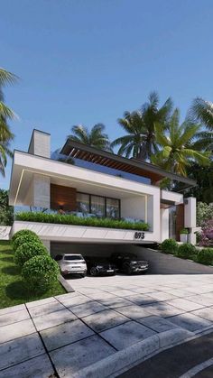 this is an artist's rendering of a modern house in the palm tree - lined area