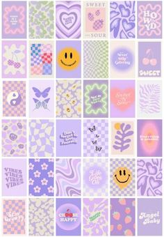 many different colored squares with smiley faces and words on them, all in pastel colors