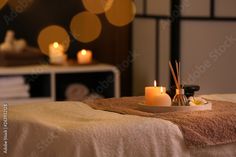 Stock Image: Burning candles and aromatic reed freshener on table in spa salon, space for text Indian Spa, Massage Images, Body Massage Spa, Massage Pictures, Spa Room Decor, Massage Center, Getting A Massage, Best Spa, Thai Massage