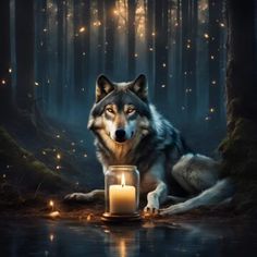 a wolf is sitting next to a candle in the woods with fireflies around it