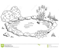 an ink drawing of a pond surrounded by rocks and flowers