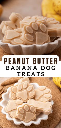 peanut butter banana dog treats on a plate with bananas in the background and text overlay that reads, peanut butter banana dog treats