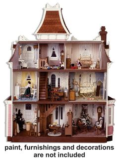 a doll house with lots of furniture and decorations on the top floor is labeled paint, furnishings and decorations are not included