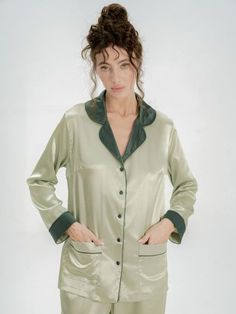 Long Silky Satin Button Up Pyjamas in Sage Green Pyjamas Silk, Pyjamas For Women, Satin Pyjamas, Satin Pjs, Button Up Pajamas, Satin Button Up