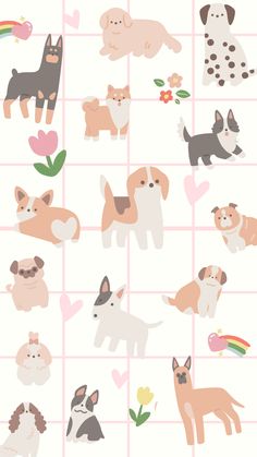 an image of many different dogs on a checkered surface with hearts and flowers in the background