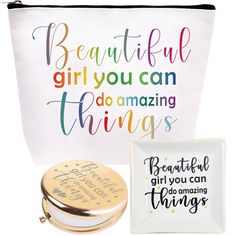 Step into the world of VeryMerryMakering, your go-to brand for extraordinary gifts for women. The Amazing Friend Gifts set is a testament to our commitment to inspire and delight. This collection comprises a Beautiful Girl Makeup Bag, an Amazing Mirror, and a Beautiful Girl Dish, each adorned with an uplifting quote, infusing positivity into daily routines. The set also includes an Inspirational Jewelry Plate, offering a stylish and practical solution for accessory storage. Versatile and easy to Heart Warming Quotes, Gift Makeup, Gifts Set, Inspirational Jewelry, Friend Gifts, Hello Beautiful, Girls Makeup, Inspirational Message, Beautiful Makeup