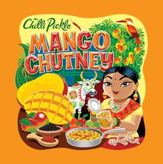 the cover of chilli pickle's mango chutney, featuring a woman sitting at a table full of food