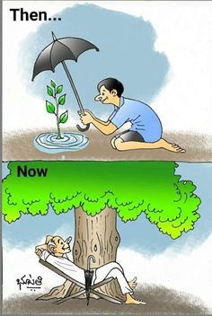 two cartoon images with one man holding an umbrella and the other is trying to plant a tree