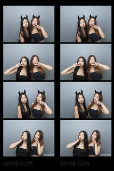 the woman is posing for pictures with her cat ears in front of her face and hands