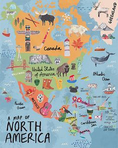 an illustrated map of north america with the words non - puzzle image for reference