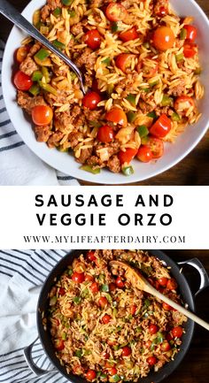 sausage and veggie orzo in a white bowl on top of a wooden table