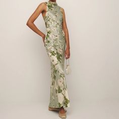 New, Never Worn Reformation Sage/ Tarragon Anaiis Silk Dress, Size 6. Was For A Wedding But There Was A Change In Bridesmaids Dresses And I Was Past The Return Date For Reformation Link To Dress: Https://Www.Thereformation.Com/Products/Anaiis-Silk-Dress/1314547tav.Html?Dwvar_1314547tav_color=Tav Fitted Satin Dress With Floral Print, Silk Floral Print Dress For Wedding Guest, Sleeveless Silk Evening Dress For Banquet, Silk Sleeveless Evening Dress For Banquet, Spring Silk Evening Dress For Banquets, Sleeveless Silk Floral Print Evening Dress, Sleeveless Silk Evening Dress With Floral Print, Elegant Sheath Maxi Dress With Floral Print, Sleeveless Fitted Evening Dress For Garden Party