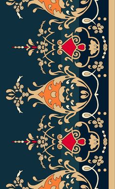 an ornately designed wallpaper with red, orange and blue designs on the side