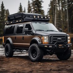 a brown and black truck parked on top of a dirt field next to water with trees in the background