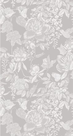 a gray and white floral wallpaper with flowers on the bottom right hand corner,