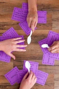 two hands holding spoons over purple post it notes