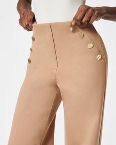 Workwear, perfected. Crafted from smoothing premium ponte fabric, this machine-washable wide-leg pant features a comfortable pull-on design and decorative gold buttons. Plus, it’s designed to shape your core, lift your butt and help you look your absolute best. Designed to hit at your natural waist Relaxed fit with leg lengthening wide leg Inseams: Petite 30” (recommended for 5’4” and under), Regular 32.5", Tall 35" (recommended for 5’9” and above) Full length (perfect to wear with a 3-4" heel) Luxury Fitted Tapered Leg Work Pants, Luxury Full-length Pants With Button Closure, Cheap Classic Fitted Bottoms, Misses Dress Pants, Affordable Fitted Pants With Tapered Leg, Affordable Stretch Pants With Buttons, Cheap Fitted Work Pants For Office, Cheap Fitted Work Pants In Solid Color, Cheap Stretch Pants For Business Casual