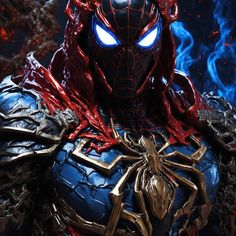 a close up of a spider - man figure with blue eyes and red hair, in front of flames