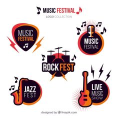 music festival badges and emblems with guitars, guitar, microphone, sound waves and musical notes