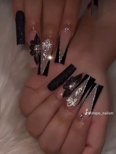 Black Prom Nails, Sweater Nails, Bling Acrylic Nails, Acrylic Nails Coffin Short, Acrylic Nails Coffin, Birthday Nails, Prom Nails, Fancy Nails, Balayage Hair