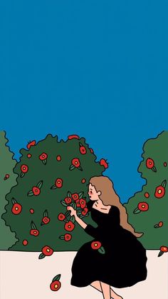 a woman in a black dress is picking apples from an apple tree with red berries on it