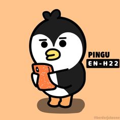 a cartoon penguin holding an orange object in it's right hand and the words pingu en - h2