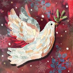 a painting of a white bird flying over snowflakes