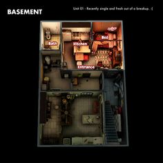 an overhead view of a floor plan for a small apartment with stairs leading up to the upper level