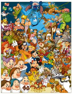 many cartoon characters are grouped together in this photo, and there is no image to describe