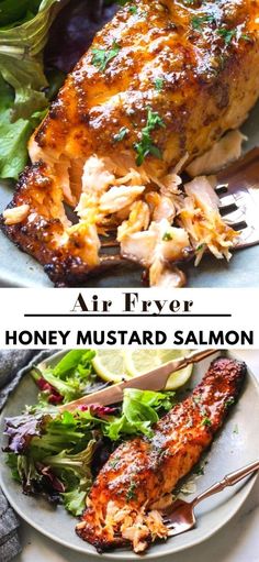 a plate with chicken and salad on it next to the words air fryer honey mustard salmon