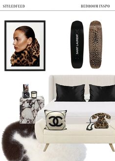 the bedroom is decorated in black and white with leopard print on the bed, pillows, rug