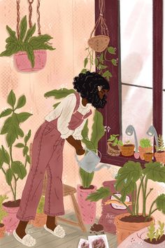 an illustration of a woman watering plants in her living room with potted plants on the windowsill