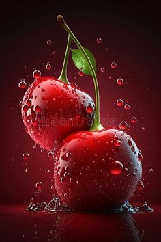 two cherries with water drops on red background royalty illustration