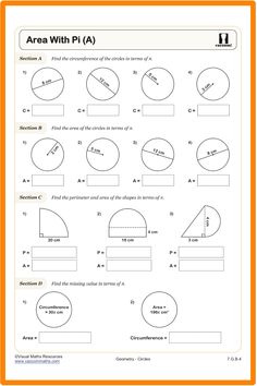 worksheet showing the area and perimeters of circles