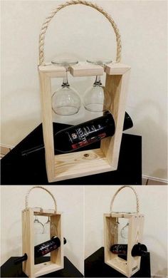 a wine glass holder made out of wood and rope, with two glasses inside it