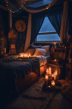 a bedroom with candles on the bed and lights in the window above it, all lit up