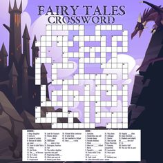 a crossword puzzle game with the words fairy tales and an image of a dragon