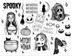 various halloween stickers with witches and pumpkins on the side, including an image of a